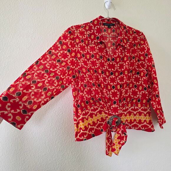 Lafayette 148 New York Red Ikat Print Button Front Blouse Women Sz 14 Tie Front - Picture 4 of 13